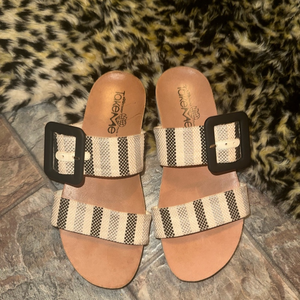 Women's Striped Sandals - Black and White Orthotic 38 MADE IN SPAIN